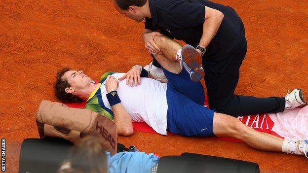 Andy Murray receiving treatment for a back problem in the Rome Masters