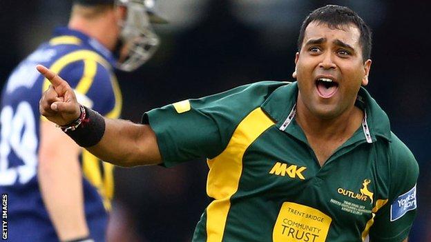 Samit Patel celebrates one of his three wickets against Glamorgan