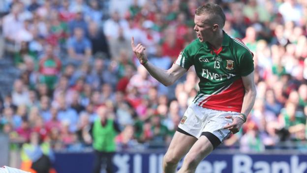 Darragh Doherty celebrates after scoring Mayo's second goal against Tyrone in Dublin