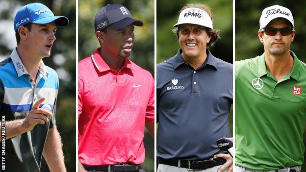(left to right) Justin Rose, Tiger Woods, Phil Mickelson and Adam Scott