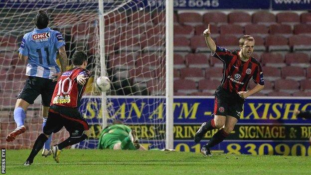 Ryan McEvoy celebrates after scoring the opener against Derry