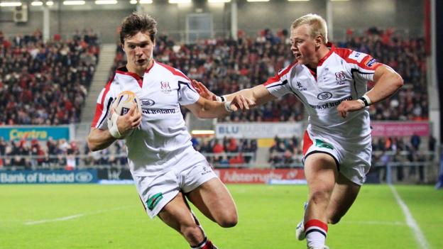 Michael Allen runs in Ulster's second try, with team-mate Luke Marshall on his shoulder