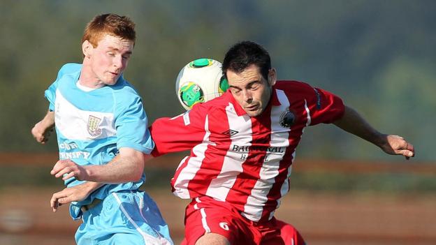 Aaron Stewart and Shaun Parr in aerial battle as Warrenpoint beat Ballymena United at the Showgrounds