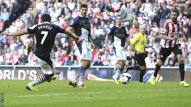 Luis Suarez scores for Liverpool at Sunderland