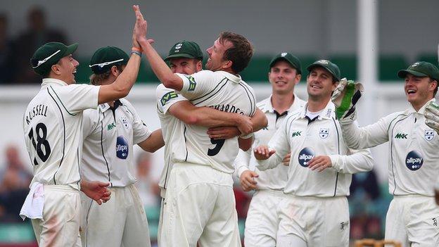 The Worcestershire team celebrate yet another Alan Richardson wicket