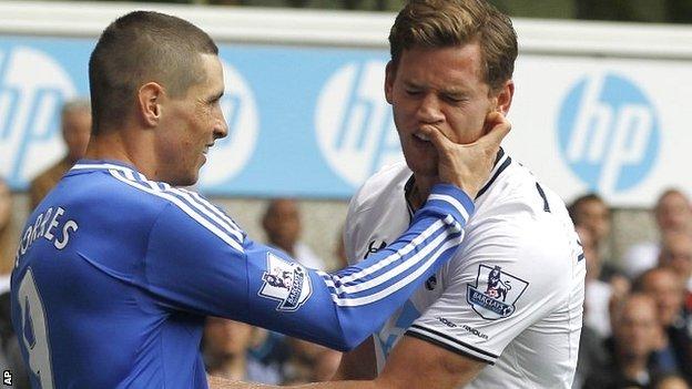 Chelsea striker Fernando Torres scratches the face of Tottenham defender Jan Vertonghen