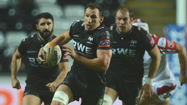 Ospreys back rower Joe Bearman leads a charge against Ulster at the Liberty Stadium, but it was the visitors who came out on top 18-12