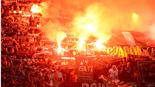 St Gallen fans bring colour to the Liberty Stadium before their side's 1-0 Europa League defeat against Swansea City
