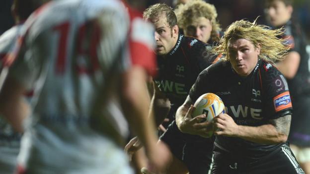 Richard Hibbard on the charge against Ulster during the Ospreys' 18-12 defeat in the Pro12