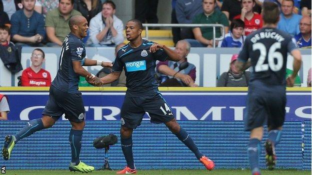 Loic Remy celebrates his first Newcastle goal
