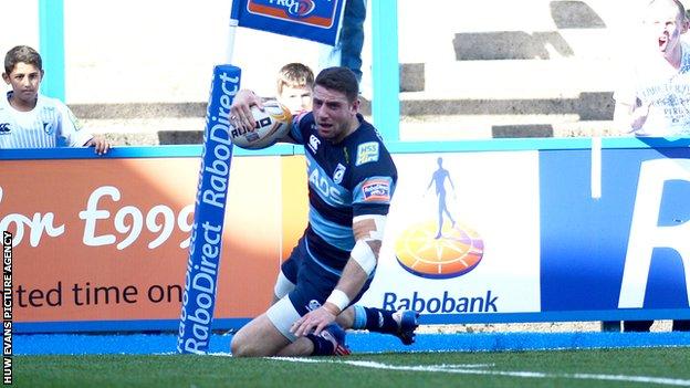 Wing Alex Cuthbert scores a try for the Cardiff Blues