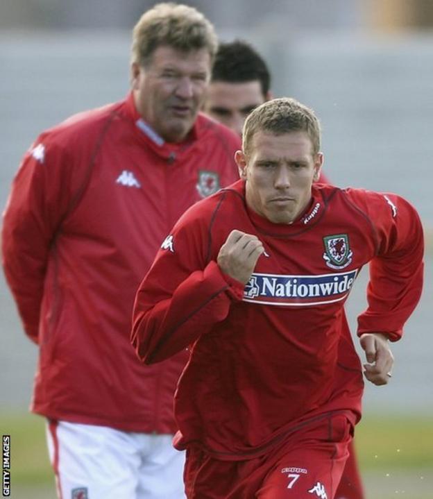 Bellamy trains under the watchful eye of Wales manager John Toshack