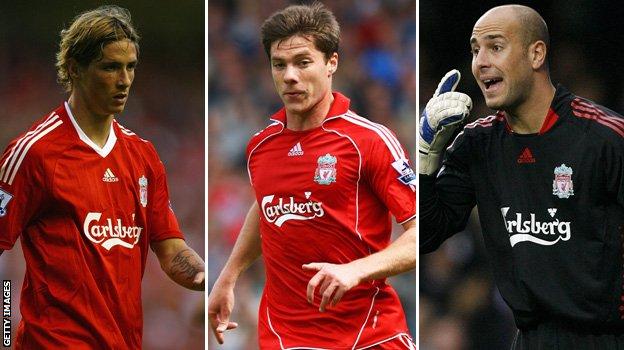 (left to right) Fernando Torres, Xabi Alonso and Pepe Reina