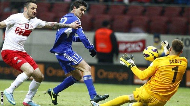 Poland goalkeeper Artur Boruc saves a ball against San Marino