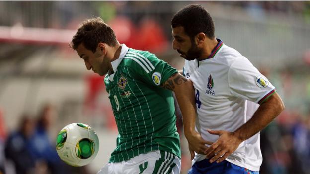 NI striker Martin Paterson and Israel's Mahir Sukurov battle for possession during the World Cup qualifier in Baku