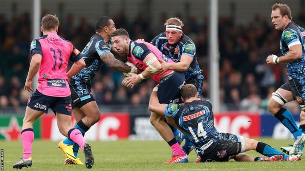 Cardiff Blues fight back against Exeter, with winger Alex Cuthbert claiming one of four tries by the visitors at Sandy Park