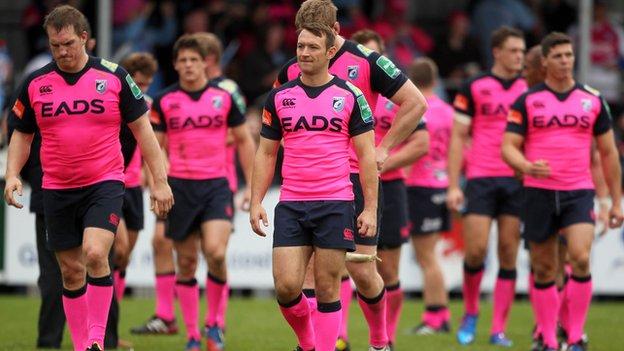 Cardiff Blues players following the defeat at Exeter Chiefs