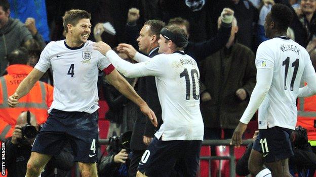 England celebrate Steven Gerrard's goal