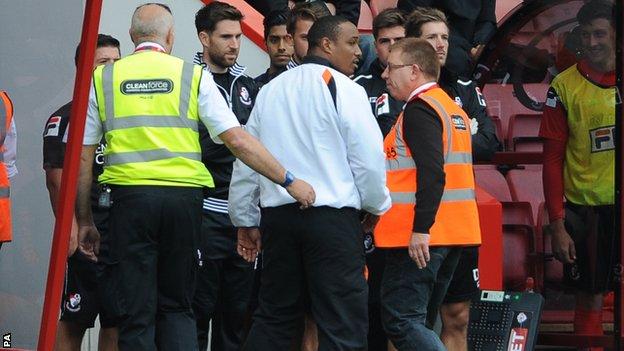 Paul Ince (centre) in sent-off during Blackpool's game at Bournemouth