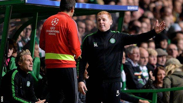Celtic manager Neil Lennon protests about Scott Brown's red card during the Barcelona game