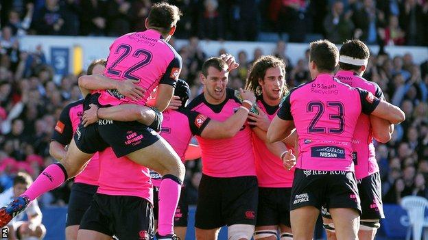 Cardiff Blues celebrate victory over Toulon