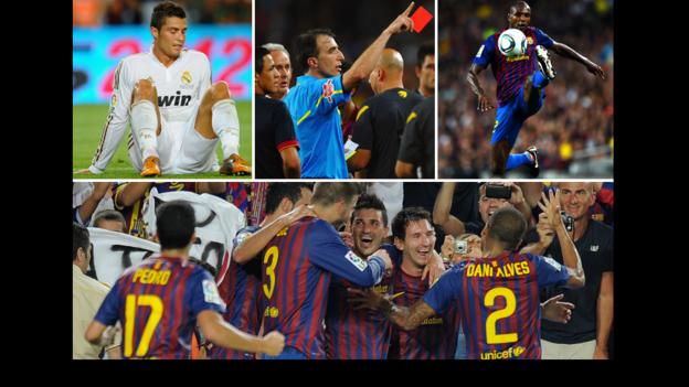 Cristiano Ronaldo looks downcast; the referee brandishes a red card; Eric Abidal controls the ball in mid-air; Barcelona players celebrate