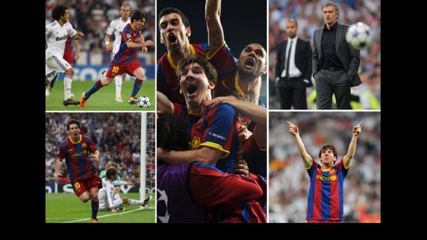 Lionel Messi dribbling; Barcelona celebrate; Jose Mourinho looks on; Messi celebrates; Messi celebrates again