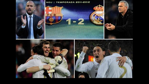 Pep Guardiola; the scoreline at full-time; Jose Mourinho; Real Madrid players celebrate