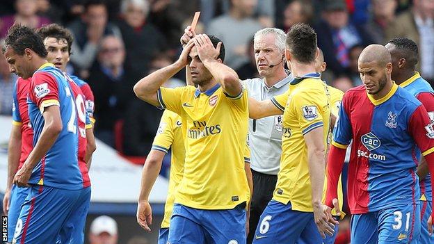 Arsenal's Mikel Arteta is sent off at Crystal Palace
