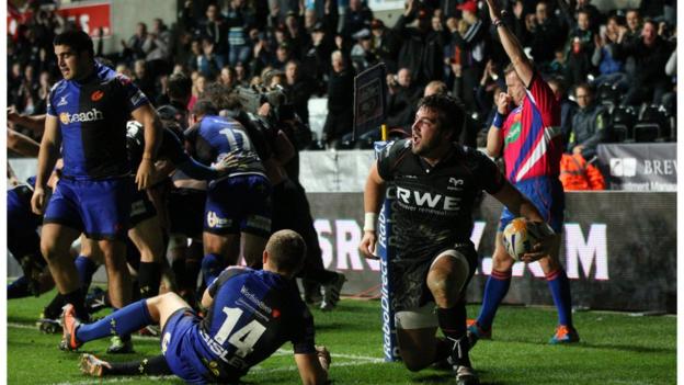 Hooker Scott Baldwin scores for the Ospreys in their victory in the Welsh derby against the Newport Gwent Dragons