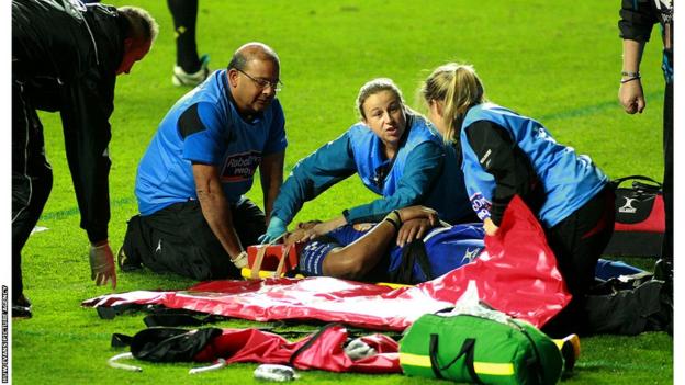 The Dragons number eight Toby Faletau is stretchered off the field during his side's defeat to the Ospreys on Friday evening.