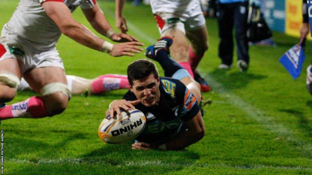 Rob Smith scores a try for the Cardiff Blues in their 39-21 defeat to Ulster.