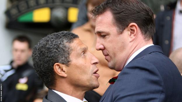 Norwich City manager Chris Hughton and Cardiff City boss Malky Mackay exchange views after the 0-0 draw at Carrow Road