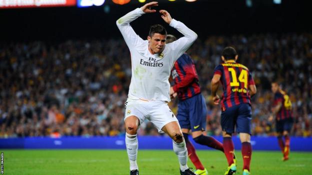 Real Madrid forward Cristiano Ronaldo expresses his frustration against Barcelona
