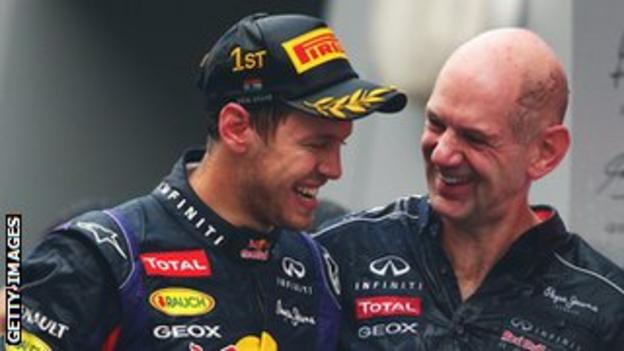 Sebastian Vettel and Adrian Newey smiling after Vettel clinched the World Championship