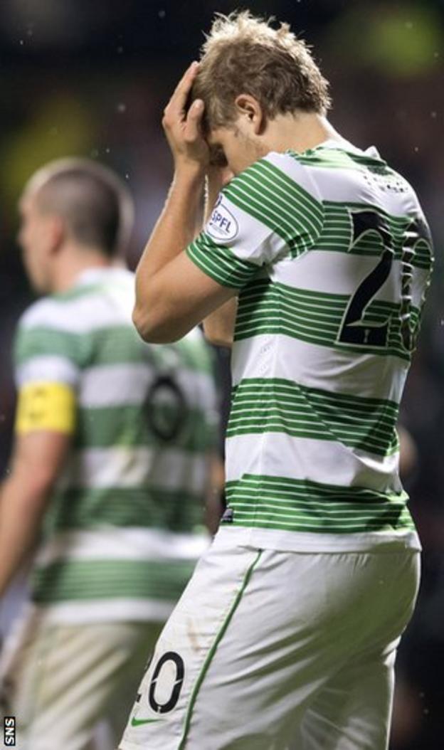 Celtic striker Teemu Pukki shows his disappointment against Morton