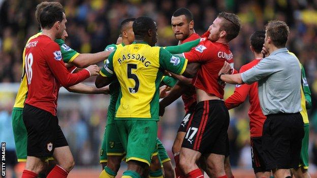 Norwich and Cardiff players scuffle at the end of their Premier League fixture