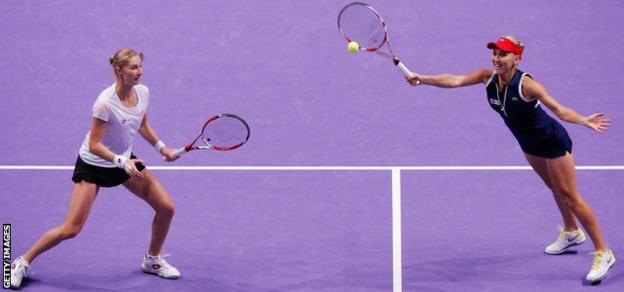 Ekaterina Makarova and Elena Vesnina of Russia in the doubles final at the WTA Championships in Istanbul