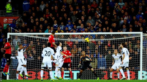 Stephen Caulker rises to head Cardiff into the lead against Swansea from a corner