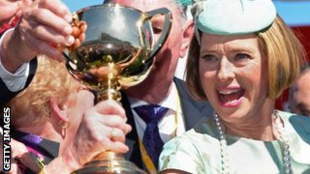 Winning trainer Gai Waterhouse with the Melbourne Cup