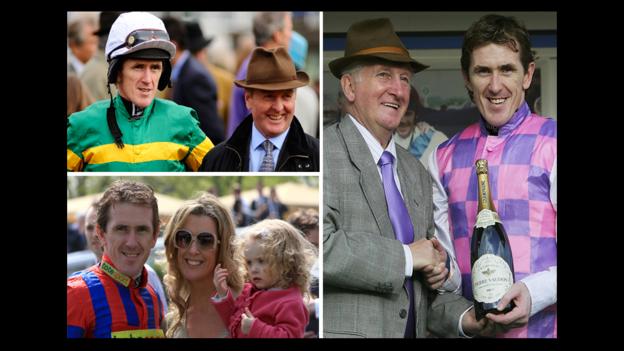 AP McCoy with trainers Jonjo O'Neill and Martin Pipe; plus his wife Chanelle and daughter Eve