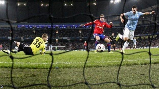 Alvaro Negredo taps home Manchester City's third goal against CSKA Moscow