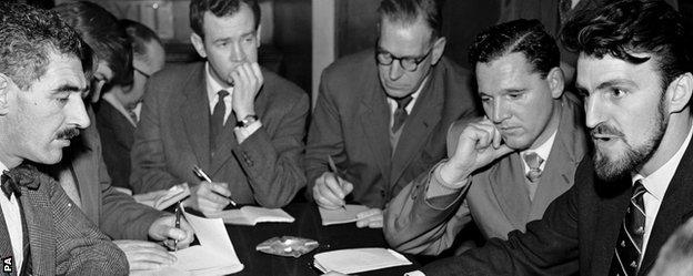 Jimmy Hill briefs the press over the possible players' striker in the wages and contracts dispute of 1961