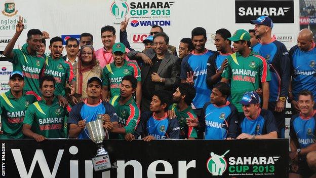 The Bangladesh team - and Prime Minister Shiekh Hasina Wajed - celebrate with the one-day series trophy