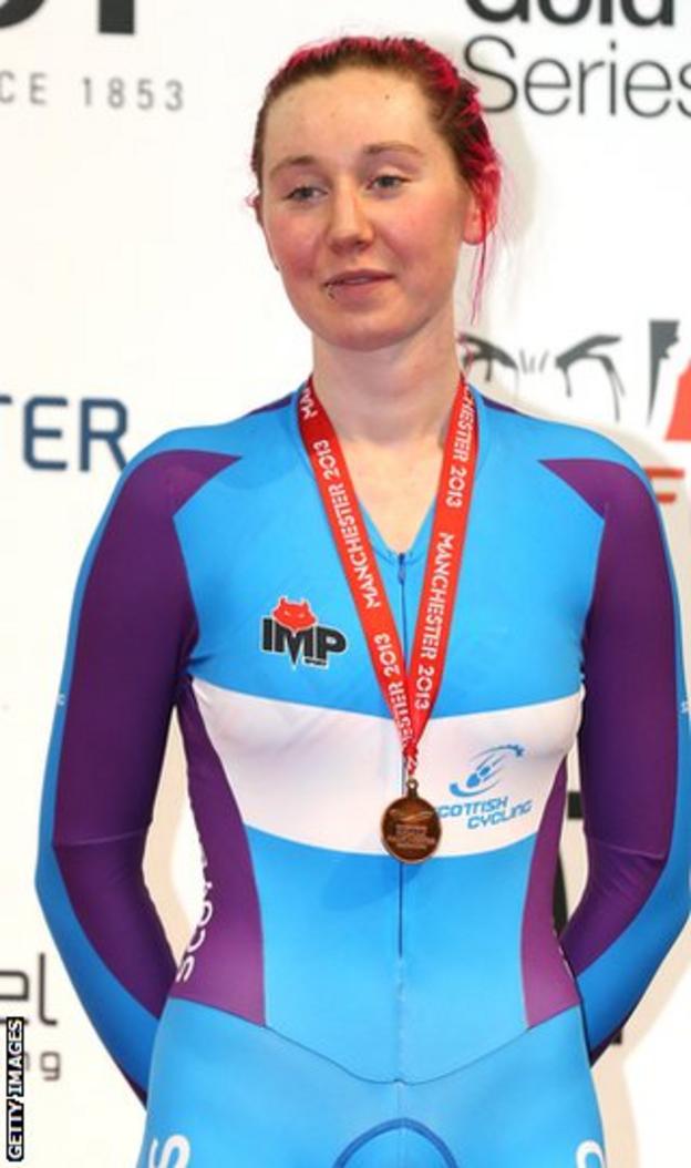 Katie Archibald on the podium at the World Cup event in Manchester after winning bronze in the individual pursuit