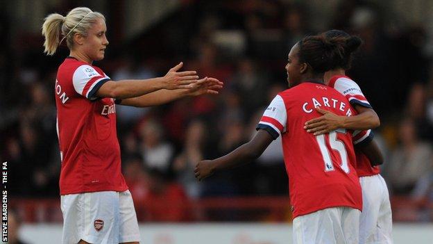 Arsenal's Steph Houghton celebrates with Danielle Carter and Rachel Yankey