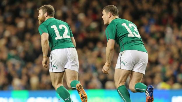 The world's joint most capped centre partnership Gordon D'Arcy and Brian O'Driscoll in action on Saturday night
