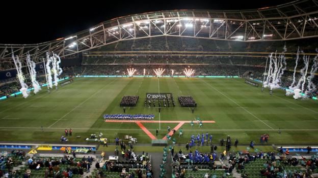 The scene at the Aviva Stadium as the Ireland and Samoan teams prepare to take to the pitch