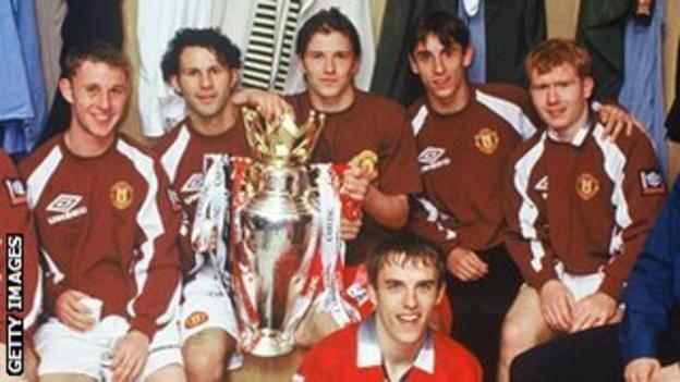 Left to right: Nicky Butt, Ryan Giggs, David Beckham Phil Neville, Gary Neville, Paul Scholes