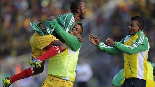 Ethiopia players celebrate scoring against Nigeria in the first leg